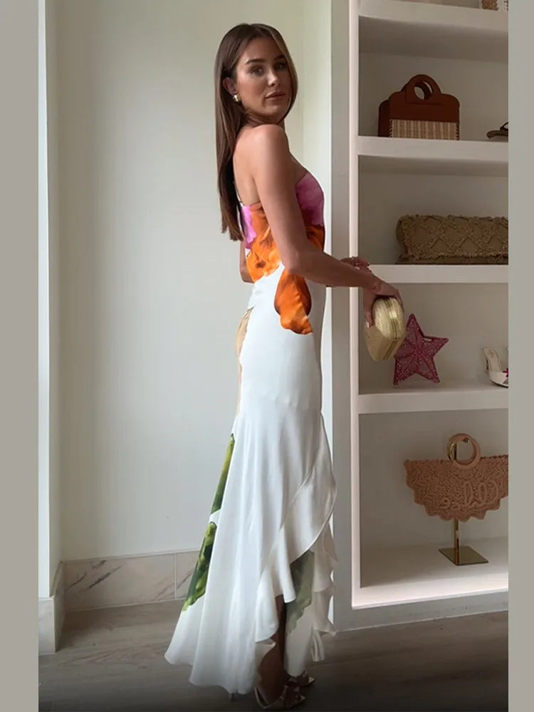 Elegant Floral Irregular Maxi Vestidos Women Sleeveless Skew Neck Off Shoulder Slim Dress 2025 New Summer Party High Street Wear