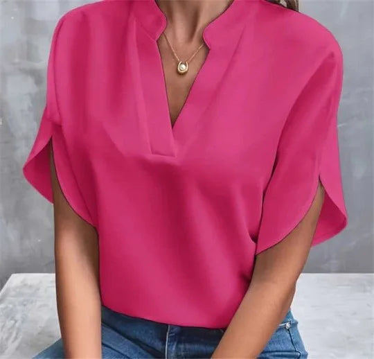 1pcs Woman New Summer Solid Color Shirts Lady Casual Short Sleeve V-neck Collar Loose Shirts Female Fashion Pullover Tops