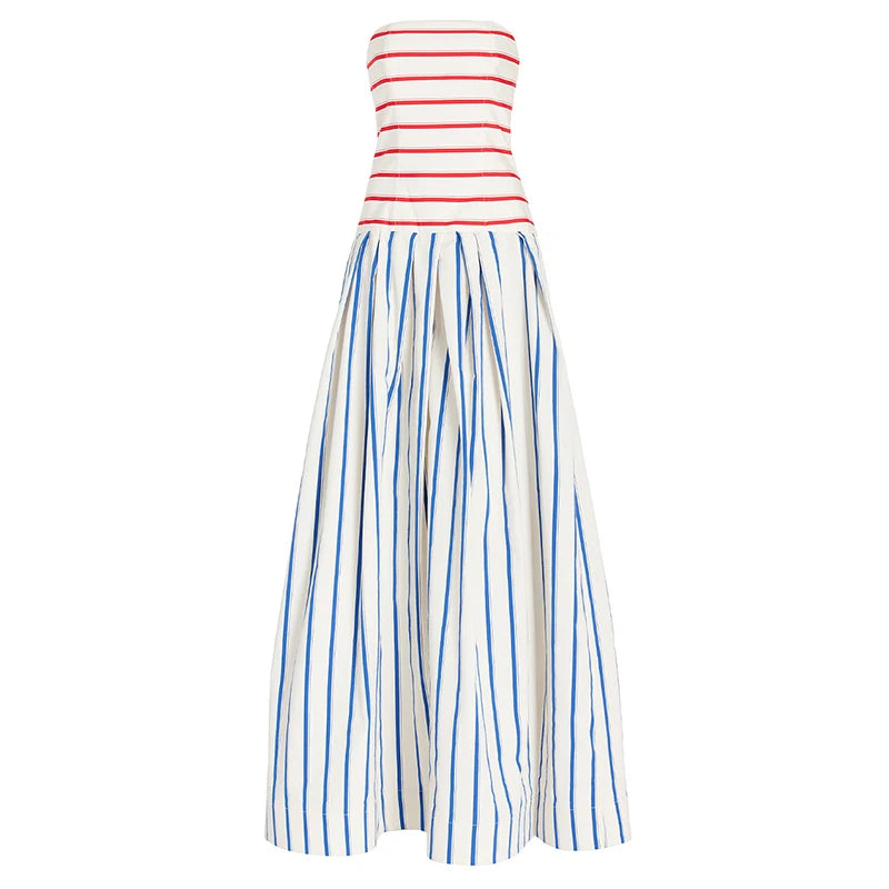 Flaxmaker Fashion Womens Dresses Casual Women Striped Print Sling Maxi Dress Round Neck Sleeveless Long Dress Vestidos Dresses