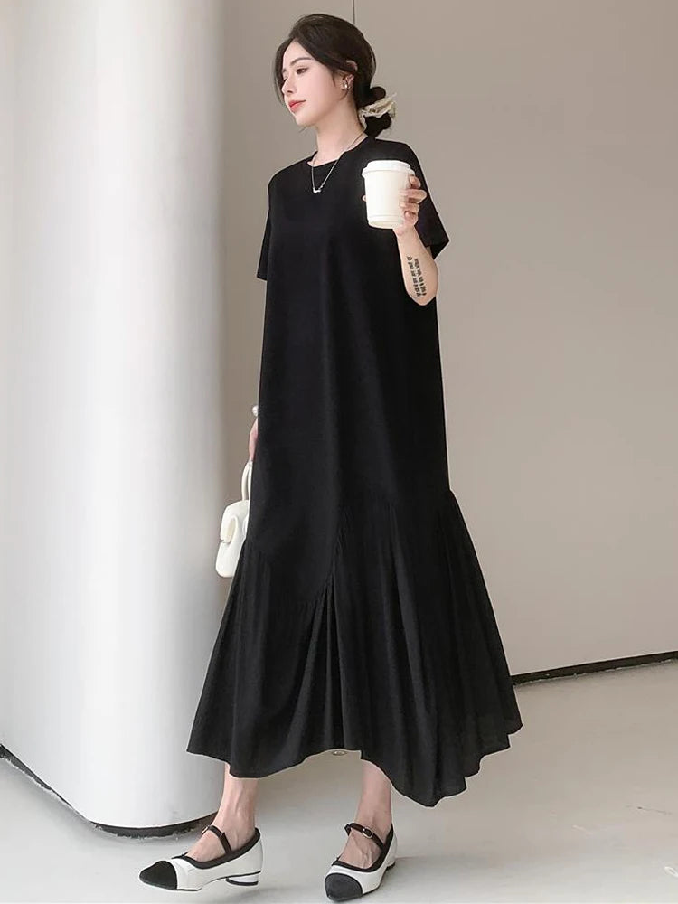 NYFS 2025 Summer New Korea Irregular Woman Dress Vestidos Robe Elbise Loose Plus Size Patchwork Short Sleeve Long Dress
