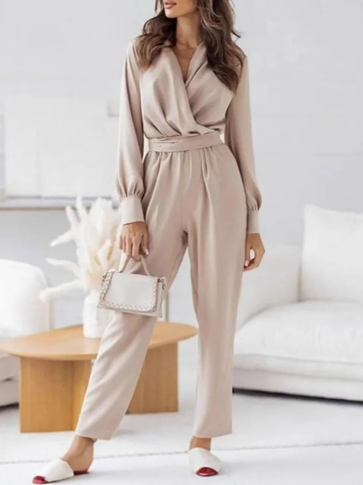 Spring Sexy Deep V Neck Hollow Jumpsuits Women Casual Solid High Waist Belt Romper Playsuit Autumn Long Sleeve Straight Overalls