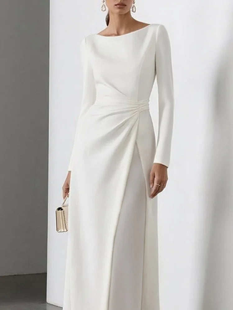 Yeezzi 2025 New Autumn Women's White Evening Dress High Waisted Long Sleeves Pleated Formal Wedding Party Guest Maxi Dresses