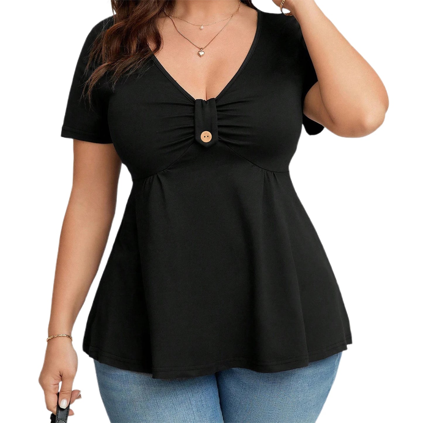 Women Plus Size Babydoll Tops Solid Color Ruched Button V Neck Short Sleeve Ruffle Shirts Casual Summer Streetwear