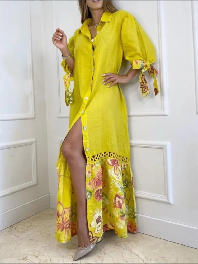 Elegant Women Lapel Neck Loose Long Dress Summer Casual Lace Patchwork Print Shirts Maxi Dress Single Breasted Beach Party Dress