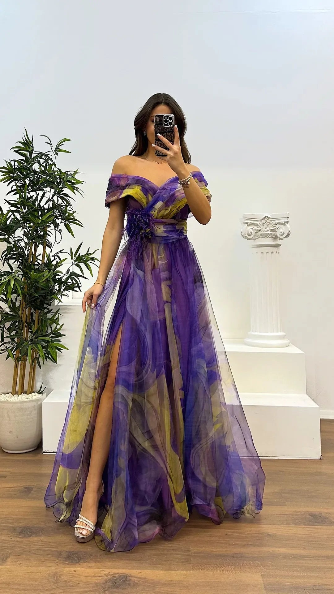 Elegant Formal Party Dress Elegant Tie-dye Ball Gown with Mesh Bubble Sleeves Split Hem Women's Evening Dress
