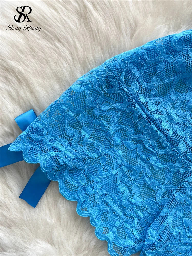 SINGREINY Lace Sheer Sexy Suits Halter V-Neck Bandage Short Tops+Mini Shorts 2024 Women Backless Bow Hotsweet Two Pieces Sets