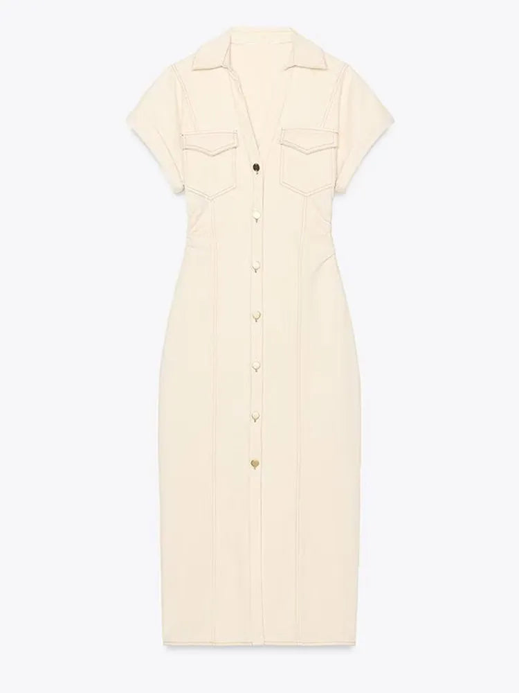 White Single Breasted Denim Dress Women's