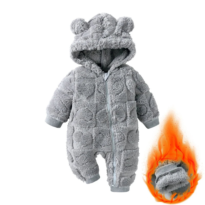 Winter Baby Bear Hooded Romper Thicken Fleece Warm Heart Flannel Toddler Girl Jumpsuits Infant Boy Bodysuit For Newborn Clothes