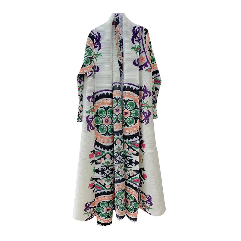 abaya Ethnic Style Print, Pleated, Large Lapel, Lace-up Cardigan, Miyake, Spring, Summer, 2025