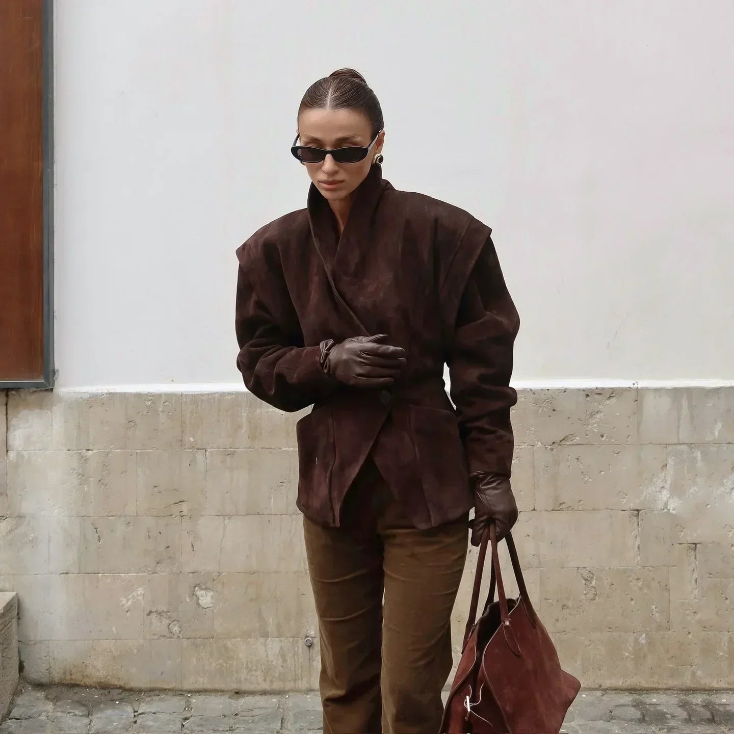 Vintage Oversized Suede Leather Jacket Women's Fashion Shoulder Pad Full Sleeve One Button Coat Lady Chic Bomber Streetwear 2025