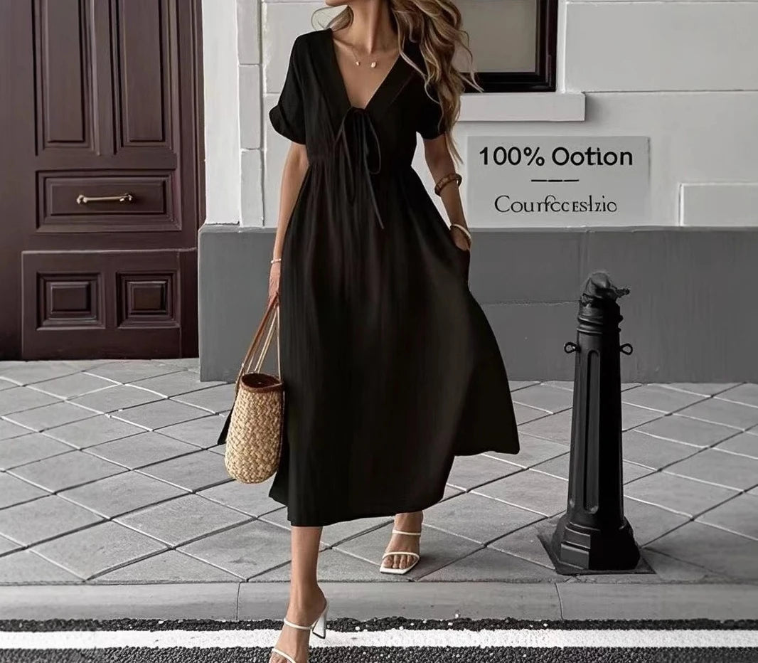 2025 New Summer Women's V-neck Pure Cotton Loose and Comfortable Long Solid Color Dress