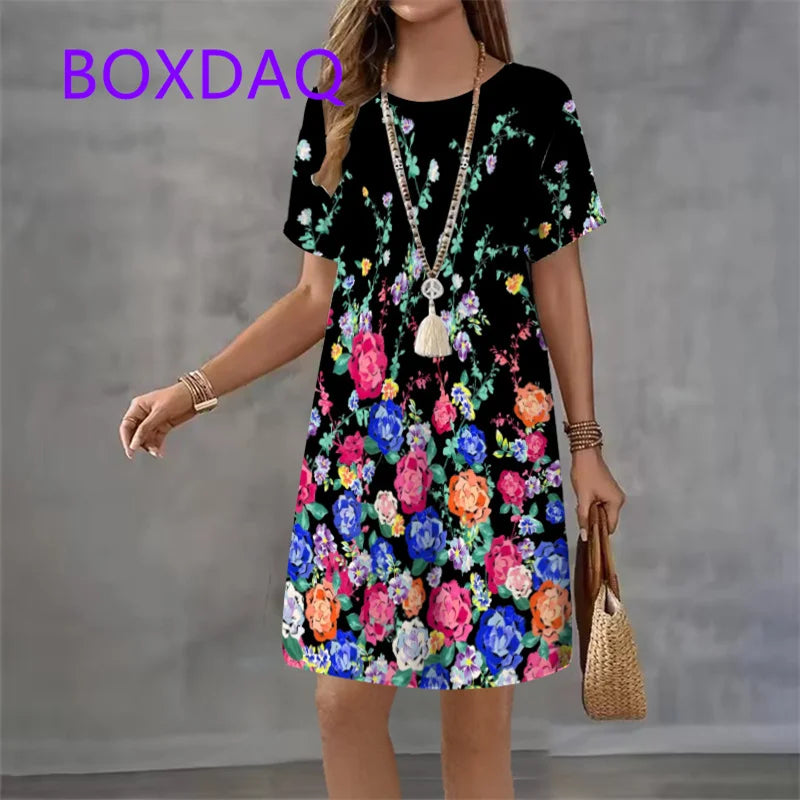 Fashion Elegant Butterfly Flowers Pattern Women's Dress New Summer Street Flower Print Short Sleeve Loose Casual Mini Dress 2025