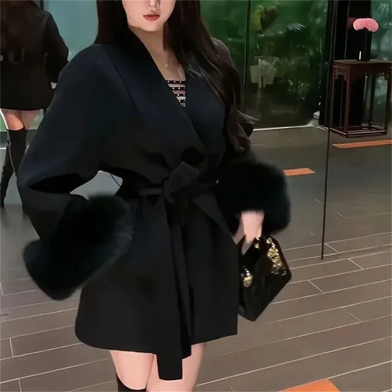 Strap Woolen Jacket With Spring And Autumn Long Sleeves Loose High-End Splicing Short Furry Sleeves blend Wool Coats With Lace-u