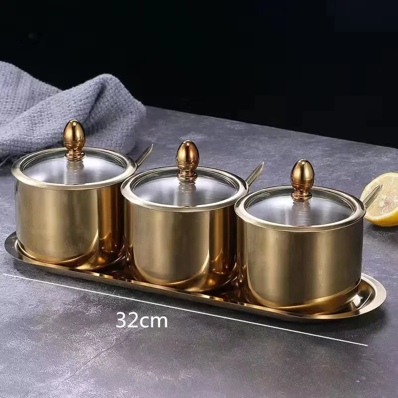 gold golden 304 Seasoning box bottle glass cap with spoon flavoring tank sauce bottle spice jar salt storage box soy sauce dish