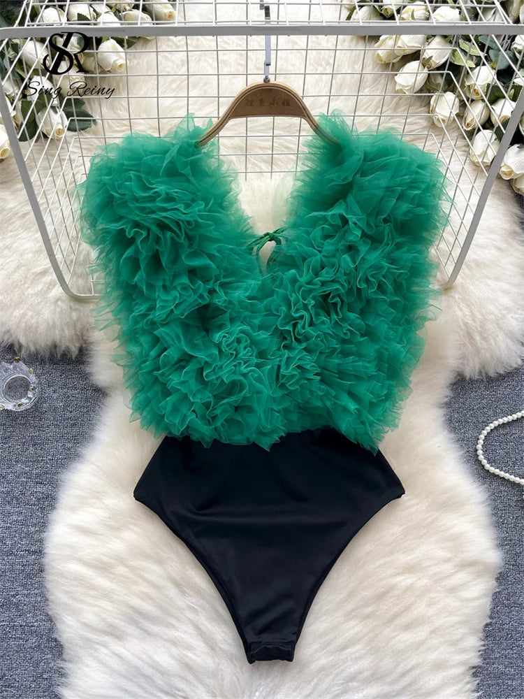 SINGREINY Sexy 3D Flowers Spliced Sheath Bodysuits Club Lace Up V Neck Playsuits Fashion Streetwear Backless Sensual Rompers