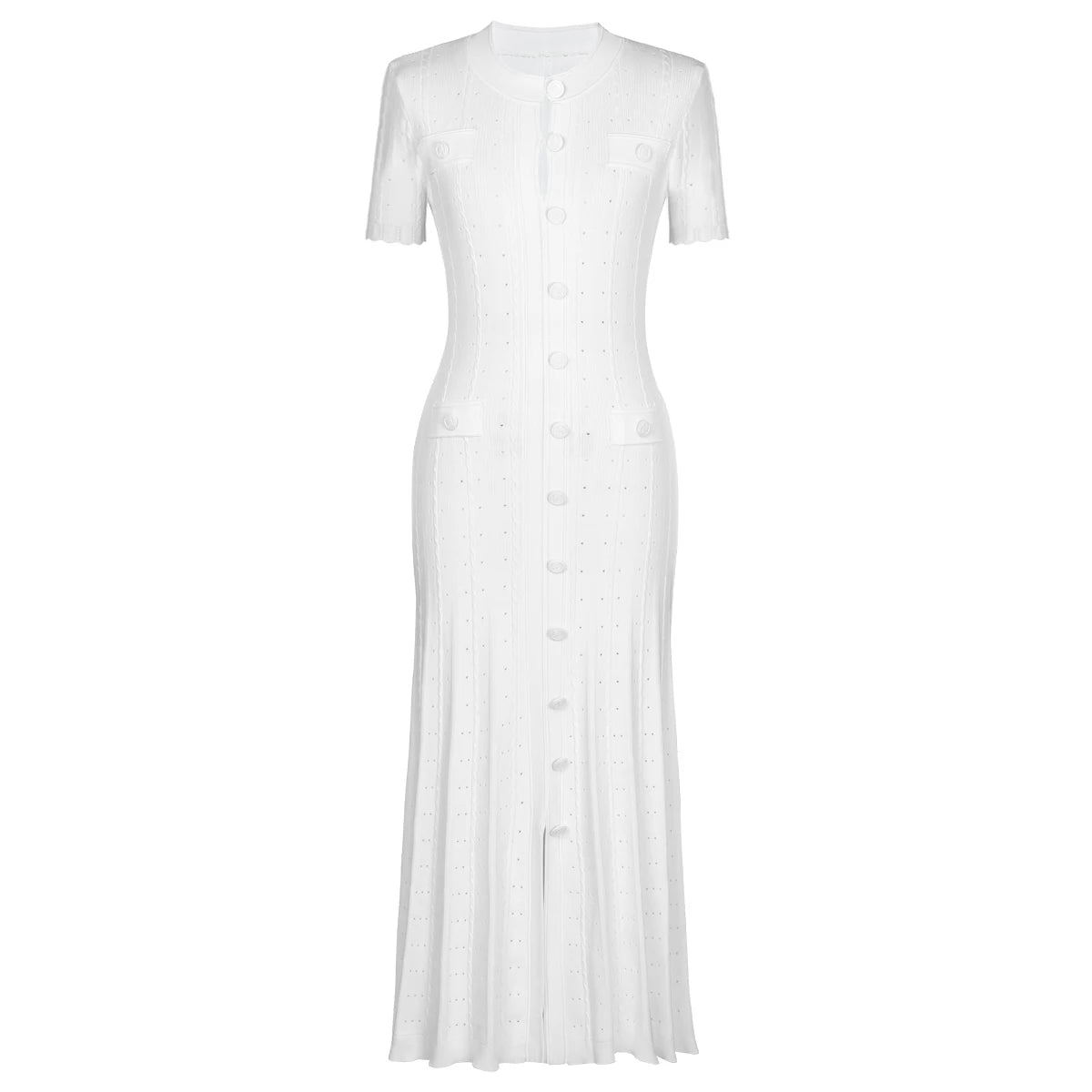 Three Color High-quality New Fashionable Elastic Knitted Hollow Round Neck Single Breasted Short Sleeved Slim Fit Women's Dress