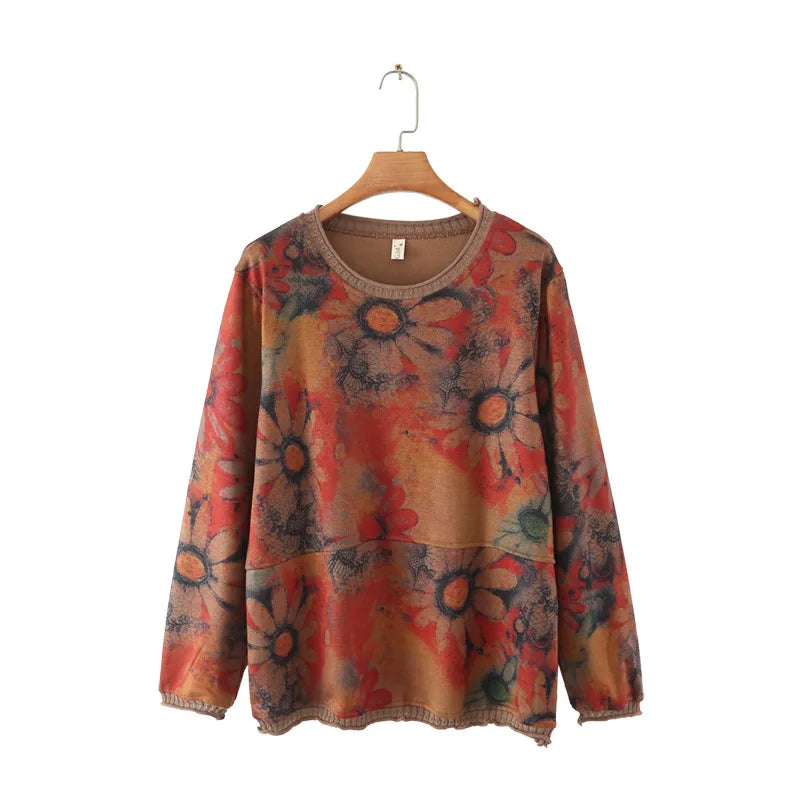 Plus Size Long Sleeve T-Shirt Women's Clothing Spring Autumn Casual Large Floral Print Bottoming Tops Senior O-Neck Tees
