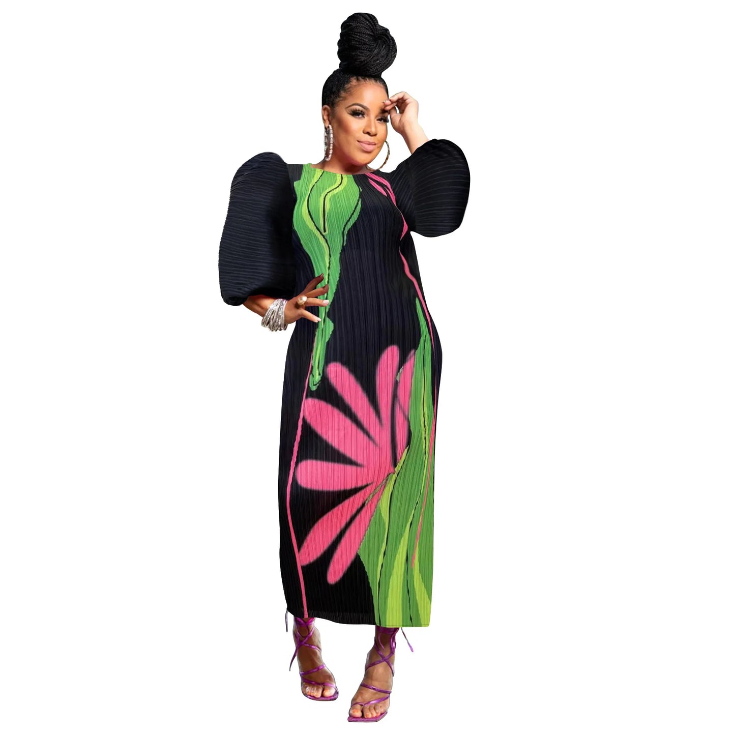 Elegant Women Pleated Half Lantern Sleeve O-neck Slim Maxi Long Dress Print Fashion Autumn 2025 Ruched Dresses Vestidos