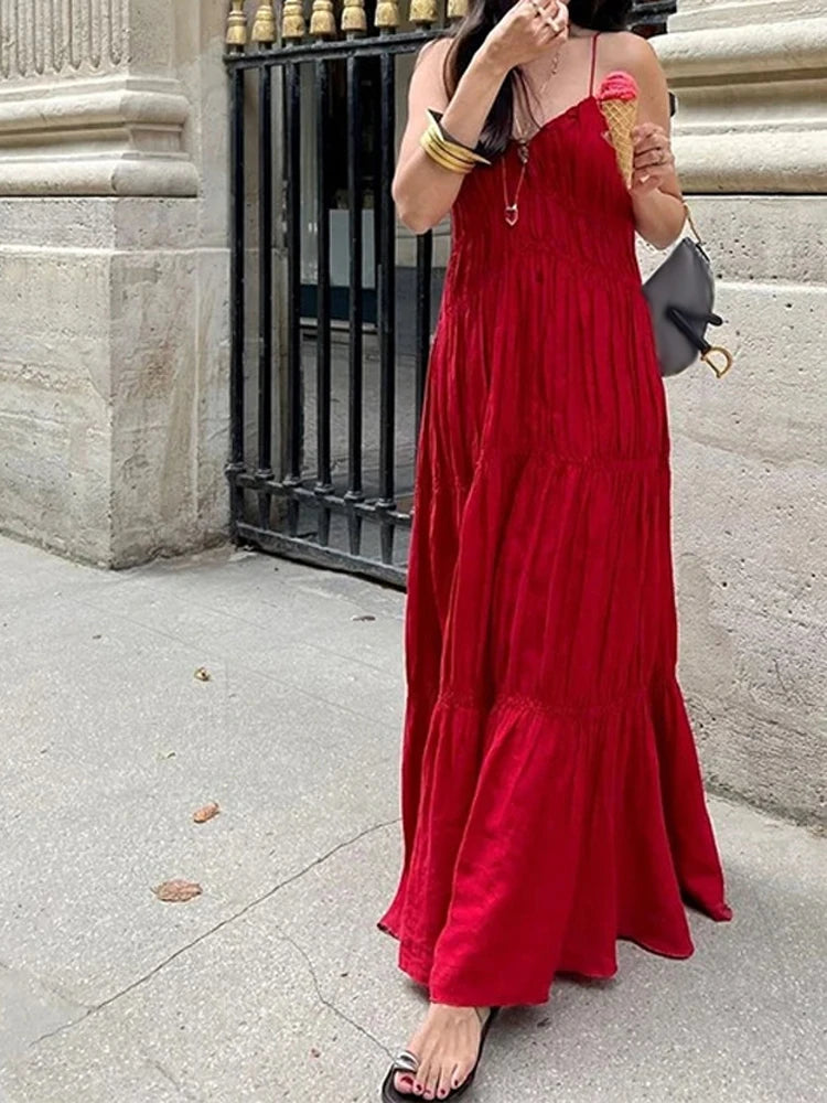 Sexy Solid Pleated Long Dress Women Elegant V Neck Sleeveless Suspender Backless Loose Robe Beach Party Ladies Maxi Gowns 2025
