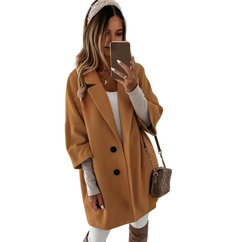Fall Winter Women's Jacket 3/4 Long Sleeve Button Lapel Pocket Woolen Warm Jacket Coat Solid Color Thermal Fitted Cardigan Coat