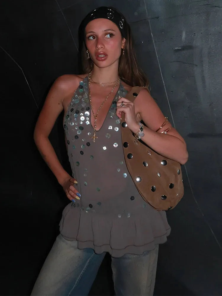 Sexy Sequin Short Dress Women Halter Lace Up Sleeveless Backless Ruffle A-line Dresses Female 2025 Autumn Summer Chic Lady Robe