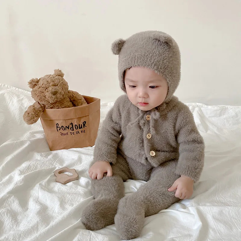 5097 Ins Baby Clothes 2024 Autumn Winter New Baby Boy's Jumpsuit Mink Velvet Cute Bear Baby Girl's One Piece Clothes
