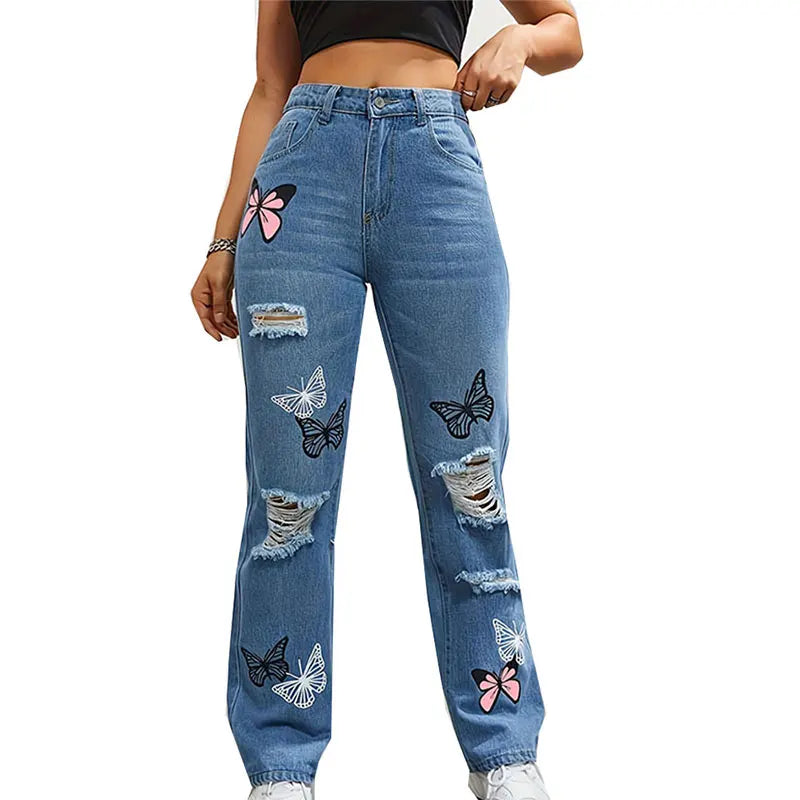 2025 Summer New Butterfly Print Pair Jeans Women Fashionable Straight High-Waisted Long Style Ripped Torn Design Denim Pants
