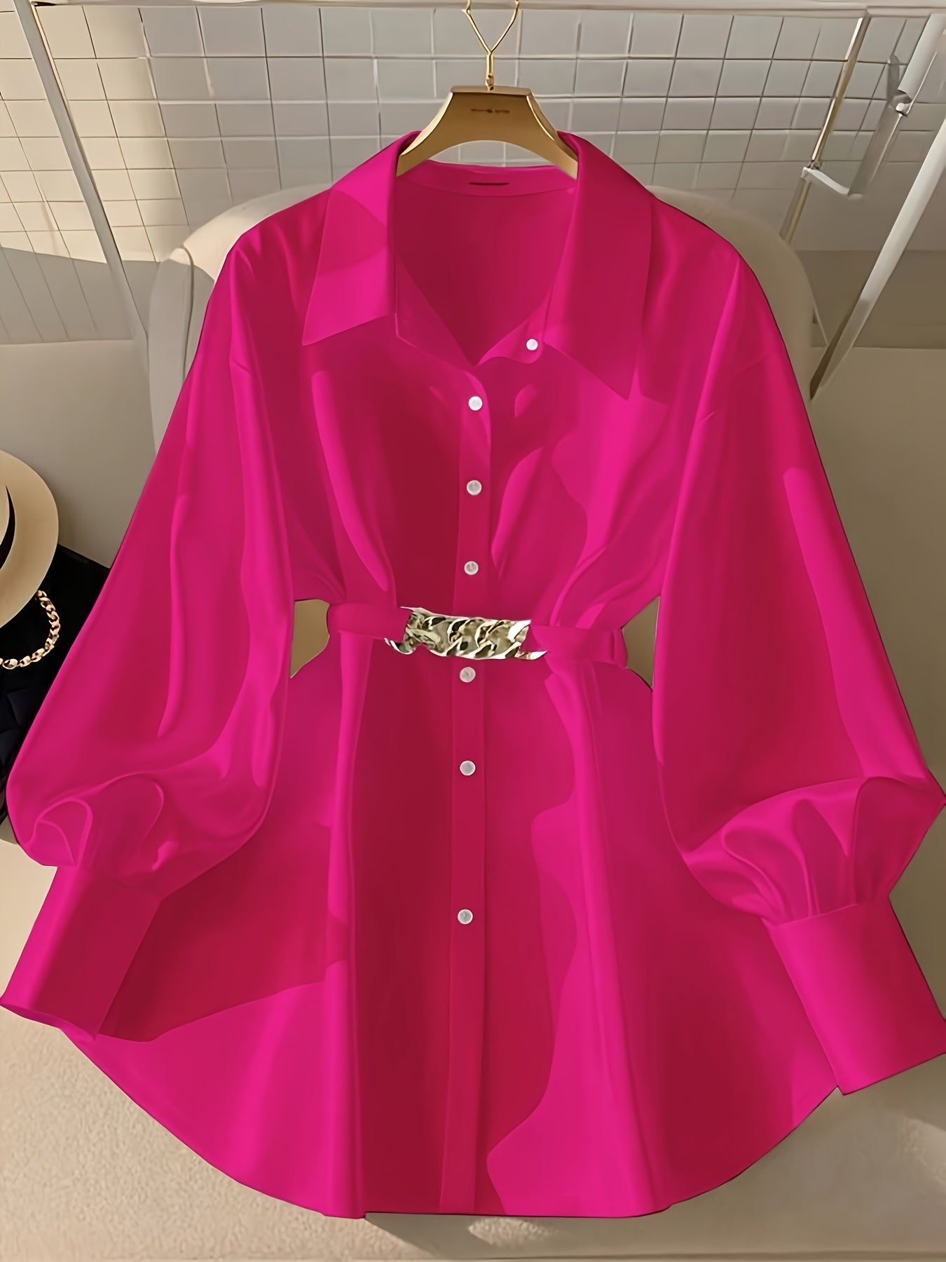 Vacation Style Women's Spring/Autumn Casual Loose Single-Breasted Buttoned Blouse with Belt, Fashionable Shirt Top