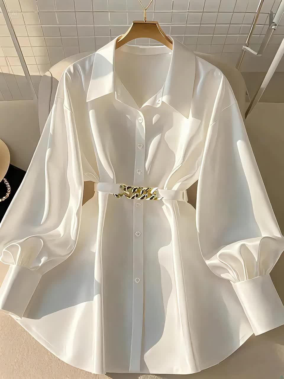 Vacation Style Women's Spring/Autumn Casual Loose Single-Breasted Buttoned Blouse with Belt, Fashionable Shirt Top