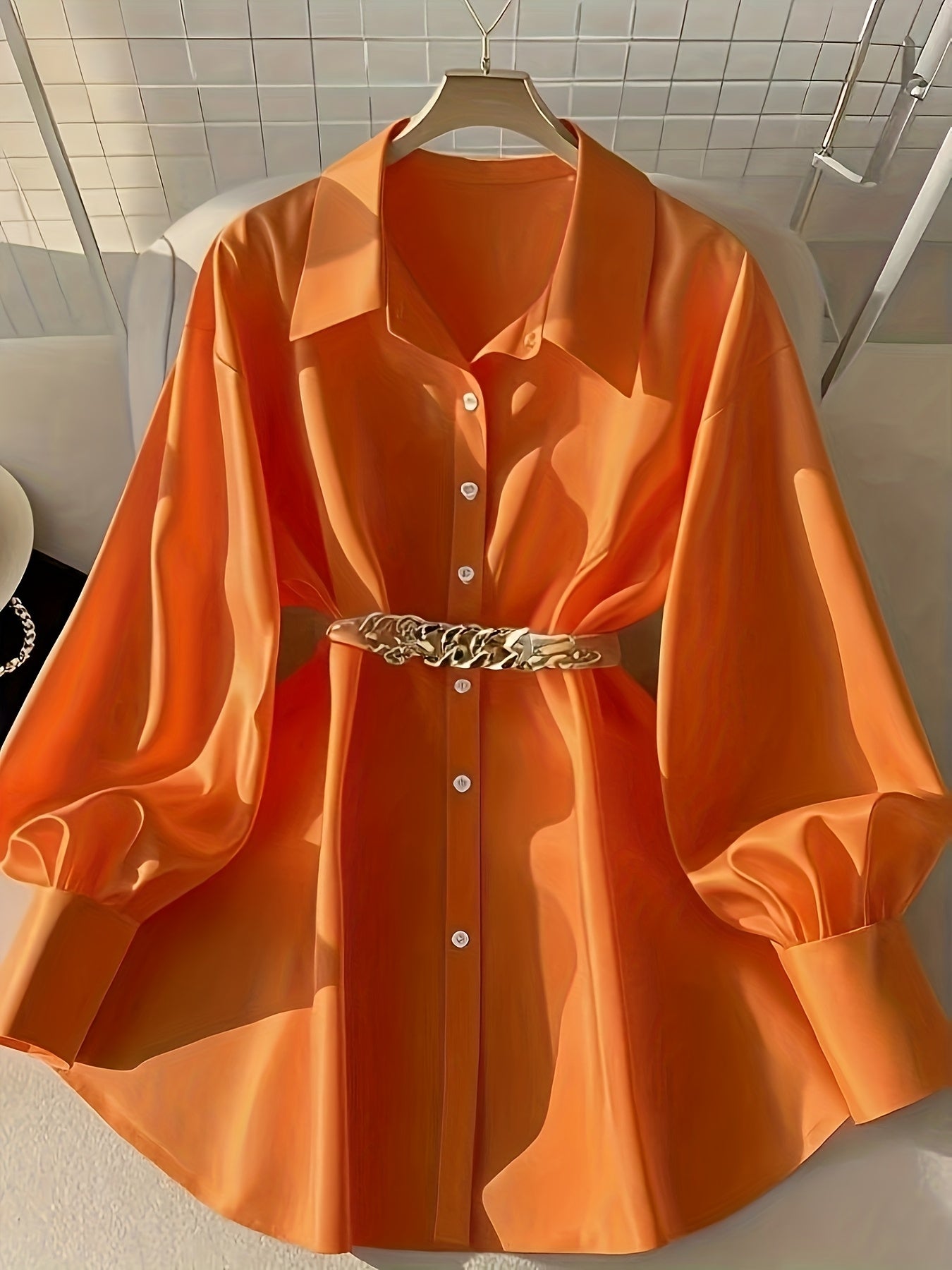 Vacation Style Women's Spring/Autumn Casual Loose Single-Breasted Buttoned Blouse with Belt, Fashionable Shirt Top