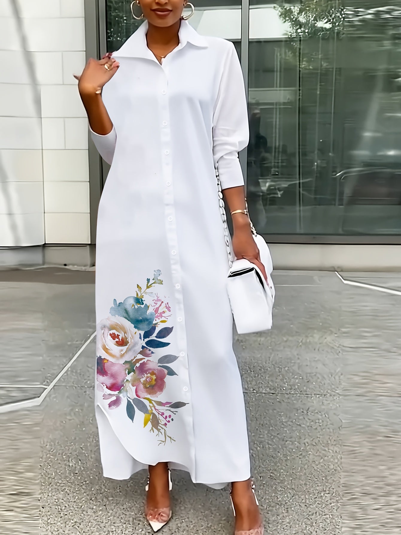 Women's Plus Size Floral Print Shirt Dress - Elegant Collared Long Sleeve Machine Washable A-Line Midi Dress for Spring Summer Fall, Casual to Semi-Formal Wear, Seasonal Fashion, Foldover Collar, Nontransparent Fabric, No Stretch Material, Fall Outfit, Du