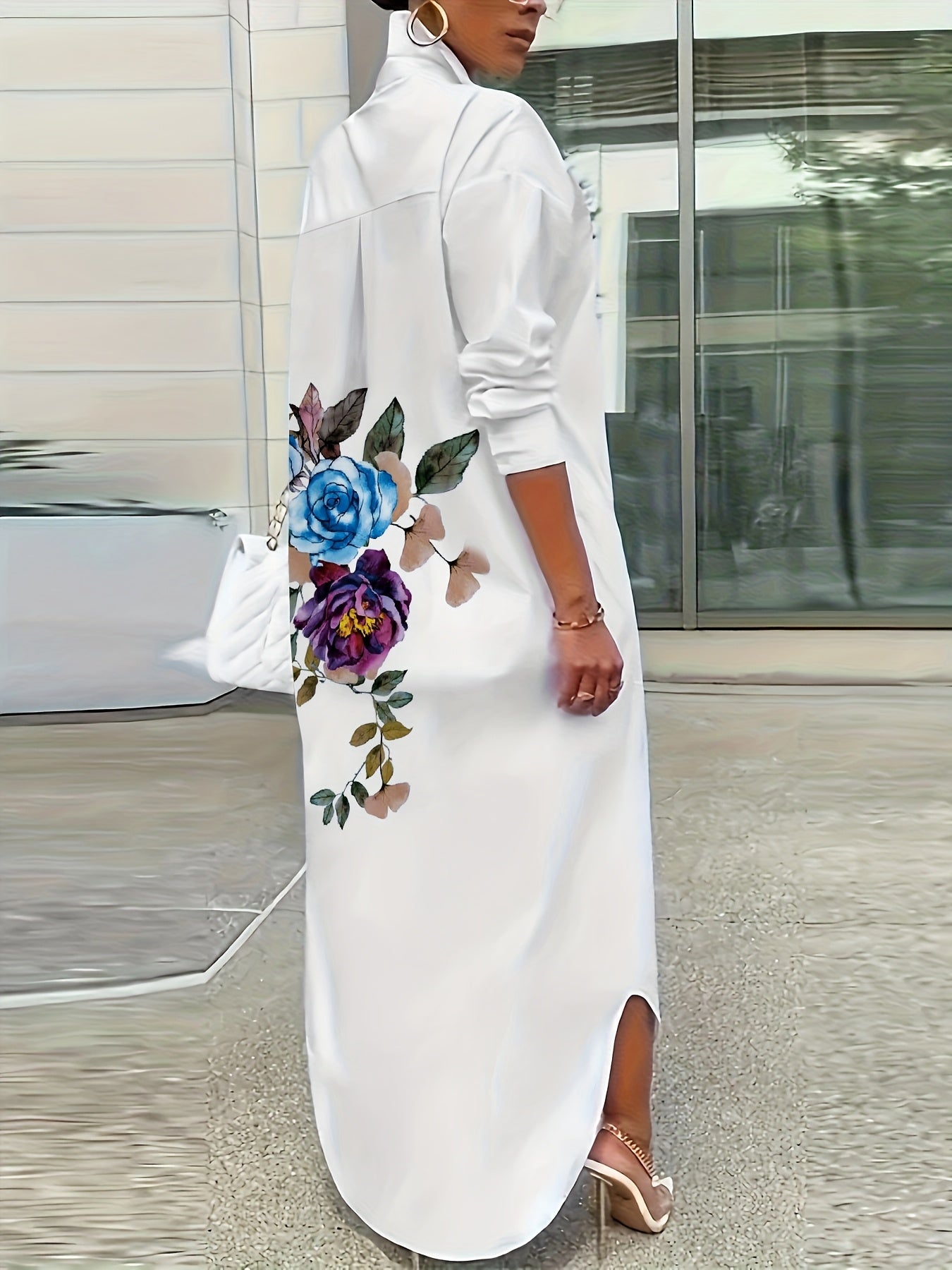 Women's Plus Size Floral Print Shirt Dress - Elegant Collared Long Sleeve Machine Washable A-Line Midi Dress for Spring Summer Fall, Casual to Semi-Formal Wear, Seasonal Fashion, Foldover Collar, Nontransparent Fabric, No Stretch Material, Fall Outfit, Du