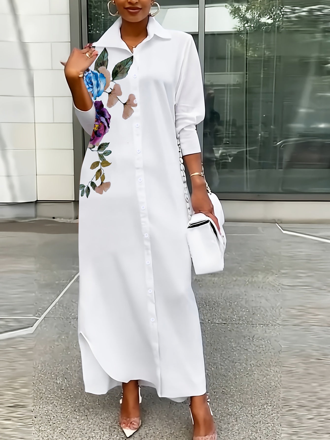 Women's Plus Size Floral Print Shirt Dress - Elegant Collared Long Sleeve Machine Washable A-Line Midi Dress for Spring Summer Fall, Casual to Semi-Formal Wear, Seasonal Fashion, Foldover Collar, Nontransparent Fabric, No Stretch Material, Fall Outfit, Du