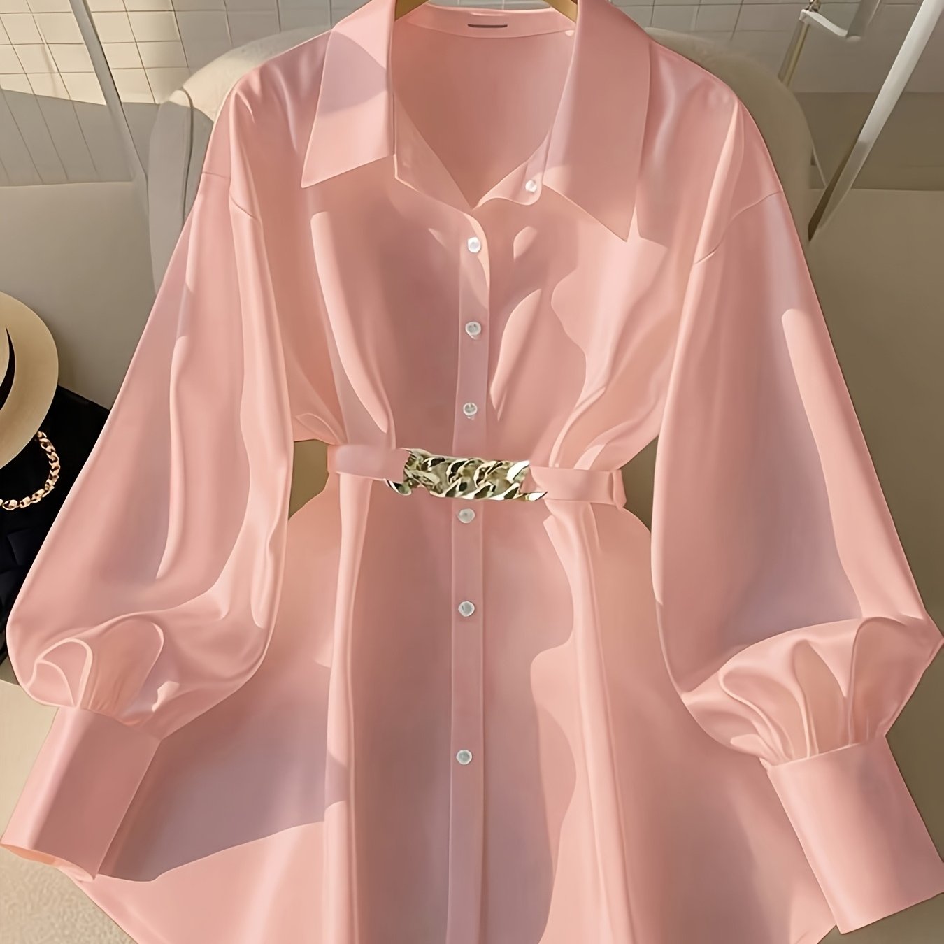 Vacation Style Women's Spring/Autumn Casual Loose Single-Breasted Buttoned Blouse with Belt, Fashionable Shirt Top