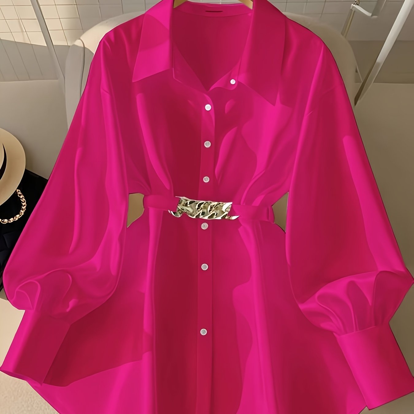 Vacation Style Women's Spring/Autumn Casual Loose Single-Breasted Buttoned Blouse with Belt, Fashionable Shirt Top