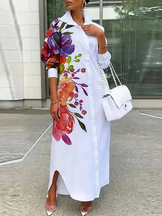 Women's Plus Size Floral Print Shirt Dress - Elegant Collared Long Sleeve Machine Washable A-Line Midi Dress for Spring Summer Fall, Casual to Semi-Formal Wear, Seasonal Fashion, Foldover Collar, Nontransparent Fabric, No Stretch Material, Fall Outfit, Du