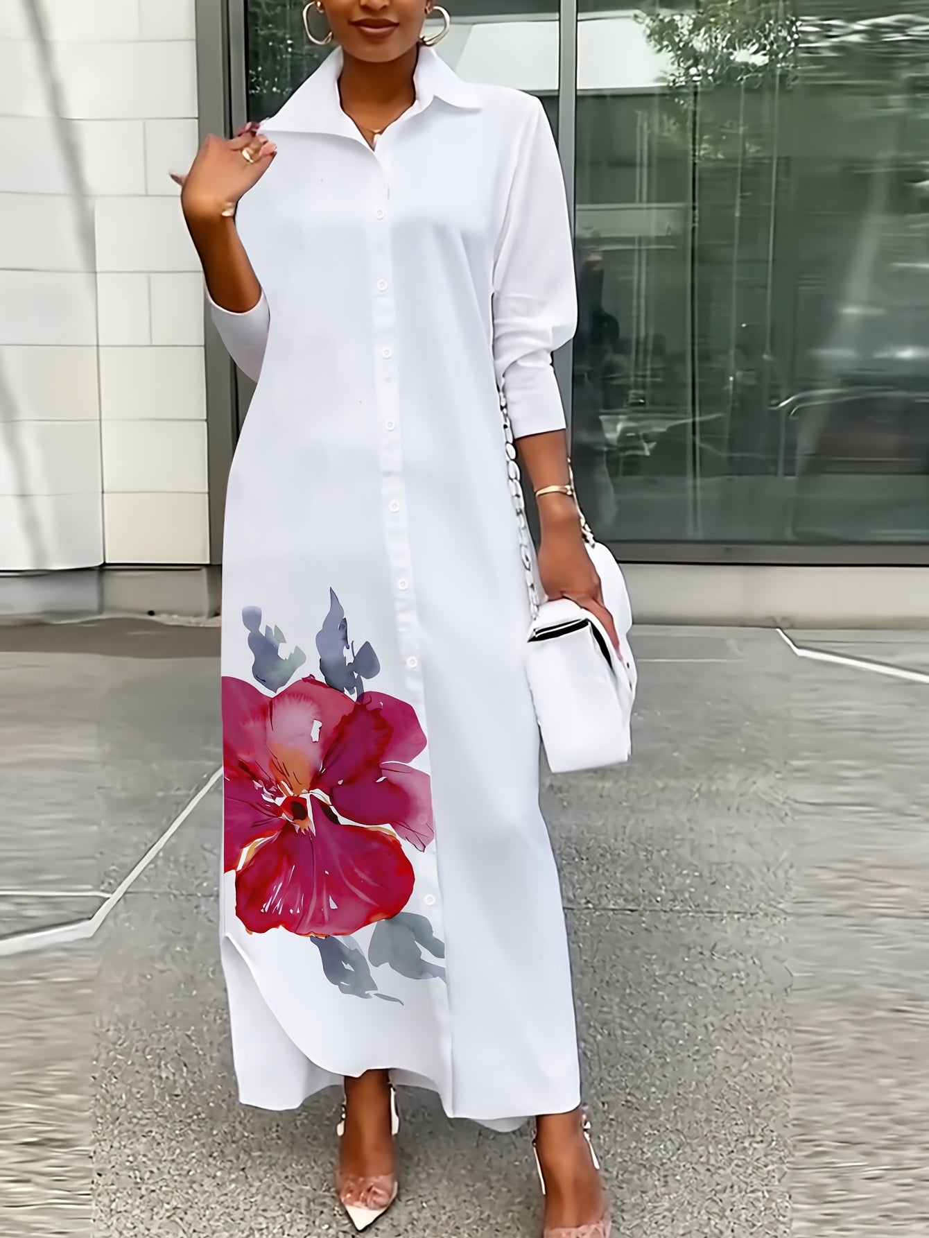 Women's Plus Size Floral Print Shirt Dress - Elegant Collared Long Sleeve Machine Washable A-Line Midi Dress for Spring Summer Fall, Casual to Semi-Formal Wear, Seasonal Fashion, Foldover Collar, Nontransparent Fabric, No Stretch Material, Fall Outfit, Du