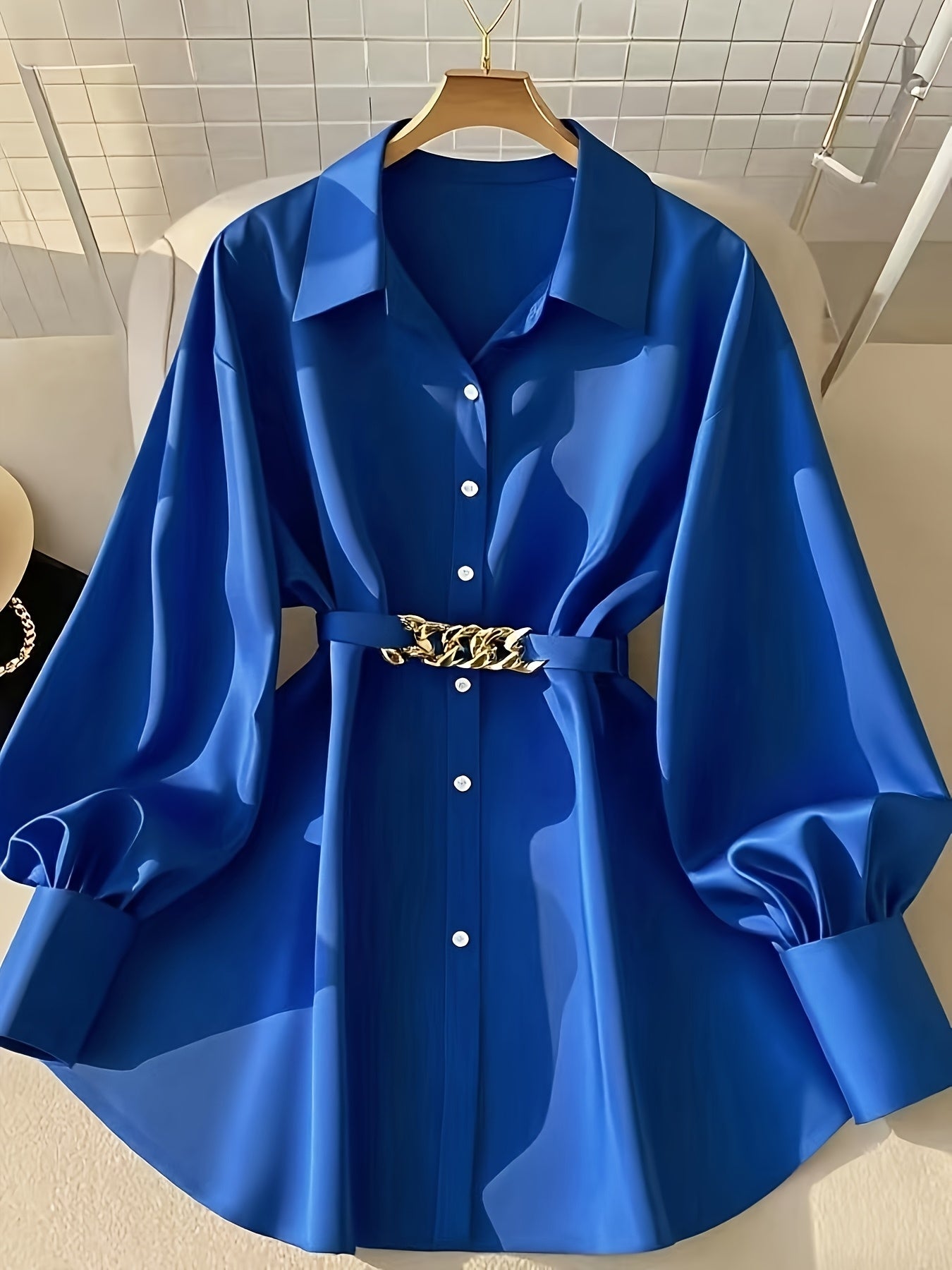 Vacation Style Women's Spring/Autumn Casual Loose Single-Breasted Buttoned Blouse with Belt, Fashionable Shirt Top