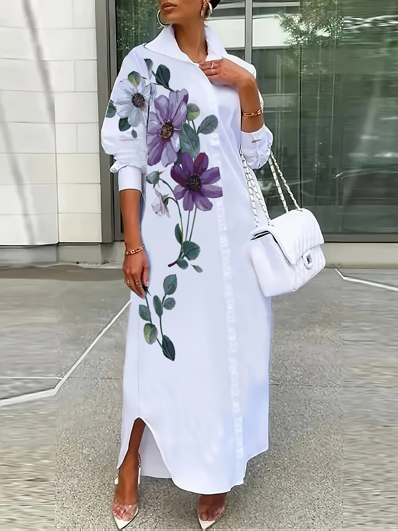 Women's Plus Size Floral Print Shirt Dress - Elegant Collared Long Sleeve Machine Washable A-Line Midi Dress for Spring Summer Fall, Casual to Semi-Formal Wear, Seasonal Fashion, Foldover Collar, Nontransparent Fabric, No Stretch Material, Fall Outfit, Du