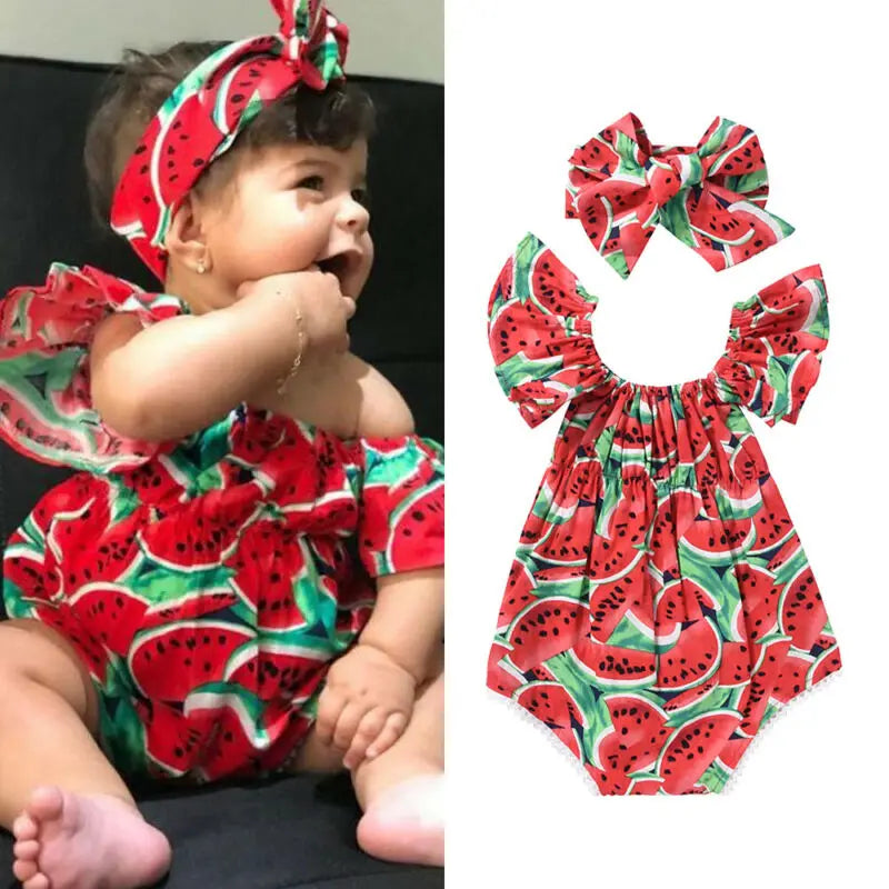 0-36months Newborn Girl Bodysuit Hairband Set Short Sleeve Watermelon Print Playsuits For Baby Girls Summer One_piece Rompers