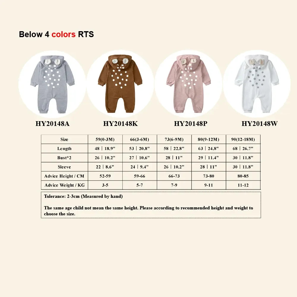 2025 Spring Autumn Cute Baby Romper Soild Cotton Deer Patches Hooded Clothes Newborn Boy Girl Onesie Infant Jumpsuit Outwear