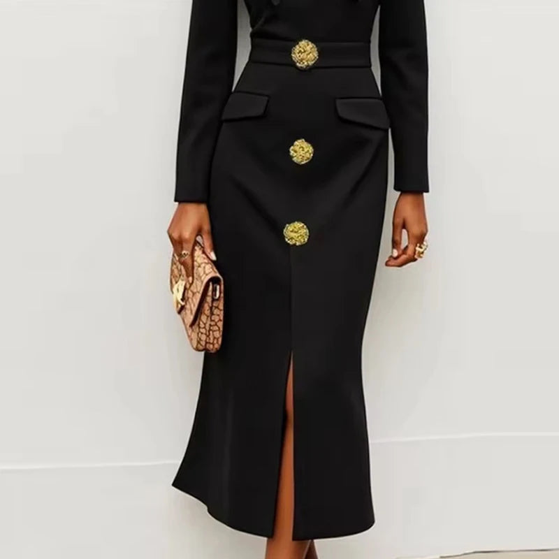 Light Luxury Style Long Sleeve Banquet Dress Elegant Black Single Breasted Commute Wrap Hip Dress Stylish Turtleneck Pleat Dress