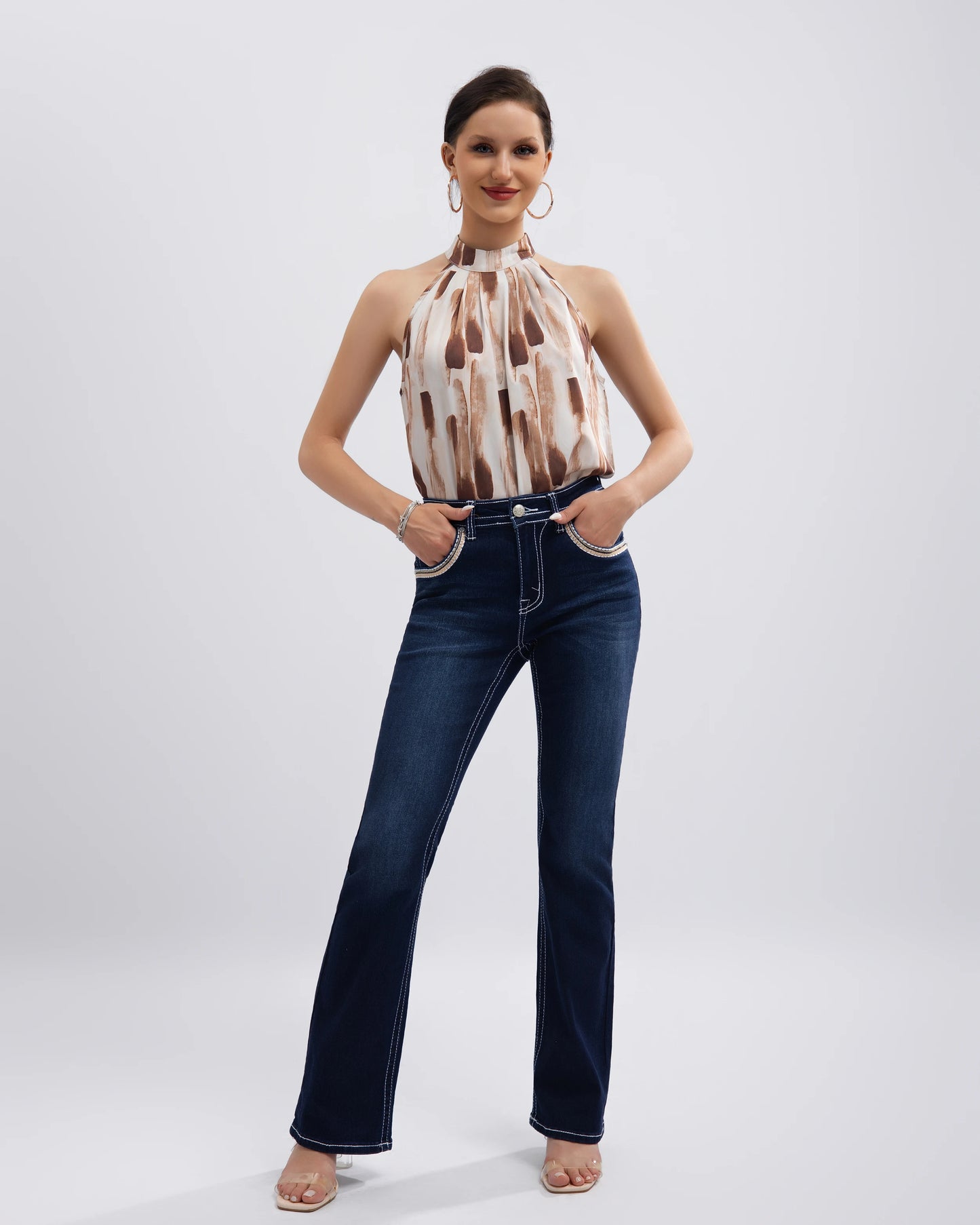 Women Casual Low Rise Jeans European and American Style High Strecth Rhinestone-embellishe Flared Jeans Pants for Tall Women