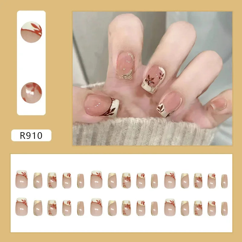 Platinum Maple Leaf Fake Nail with Jelly sticker Press on False Nails Wearable Round Head Oval Full Cover Nail Tips