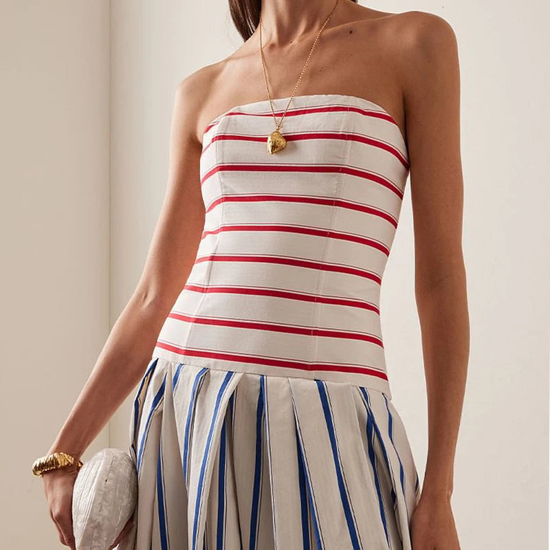 Flaxmaker Fashion Womens Dresses Casual Women Striped Print Sling Maxi Dress Round Neck Sleeveless Long Dress Vestidos Dresses