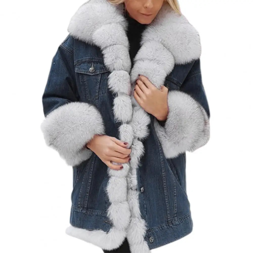 Winter Women Denim Jacket Color Matching Long Sleeves Faux Fur Trim Outerwear Mid Length Windproof Outdoor Coat With Pockets