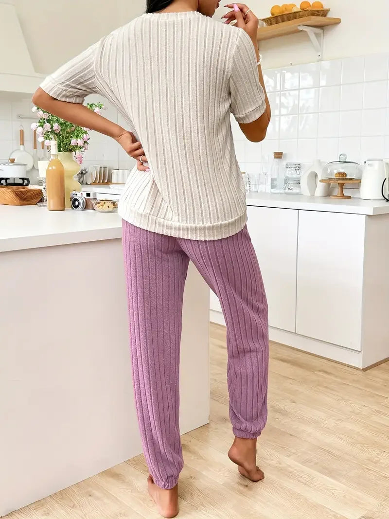 Autumn Winter Two-Piece Pajamas Set for Women Sleepwear Heart Print Round Neck Short Sleeve Long Pants Home Wear