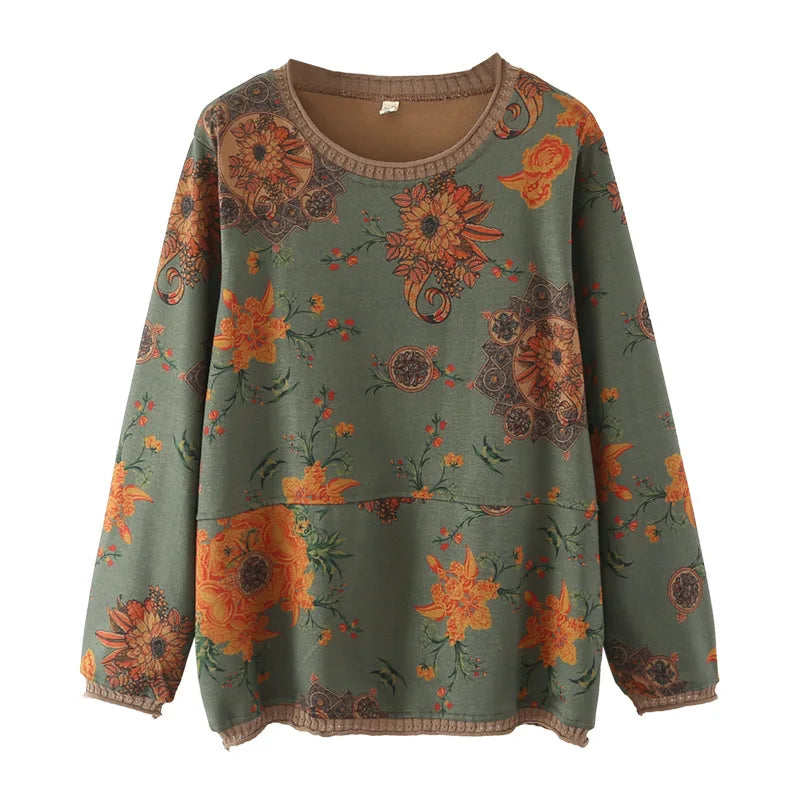 Plus Size Long Sleeve T-Shirt Women's Clothing Spring Autumn Casual Large Floral Print Bottoming Tops Senior O-Neck Tees