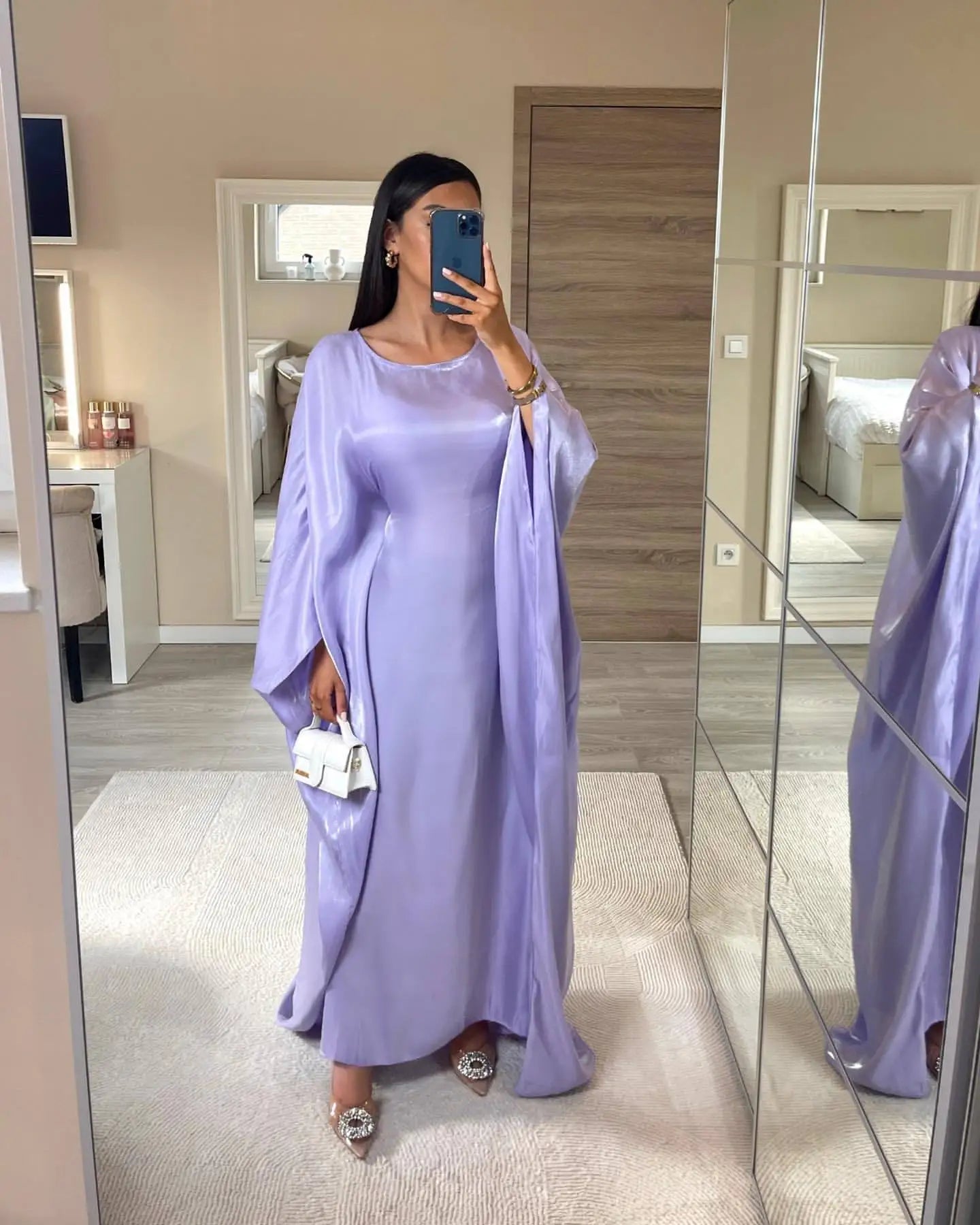 Eid Ramadan Batwing Butterfly Satin Abaya Dubai Luxury Muslim Kaftan Maxi Dress Women Kebaya Robe Caftan Marocain Femme Vestidos