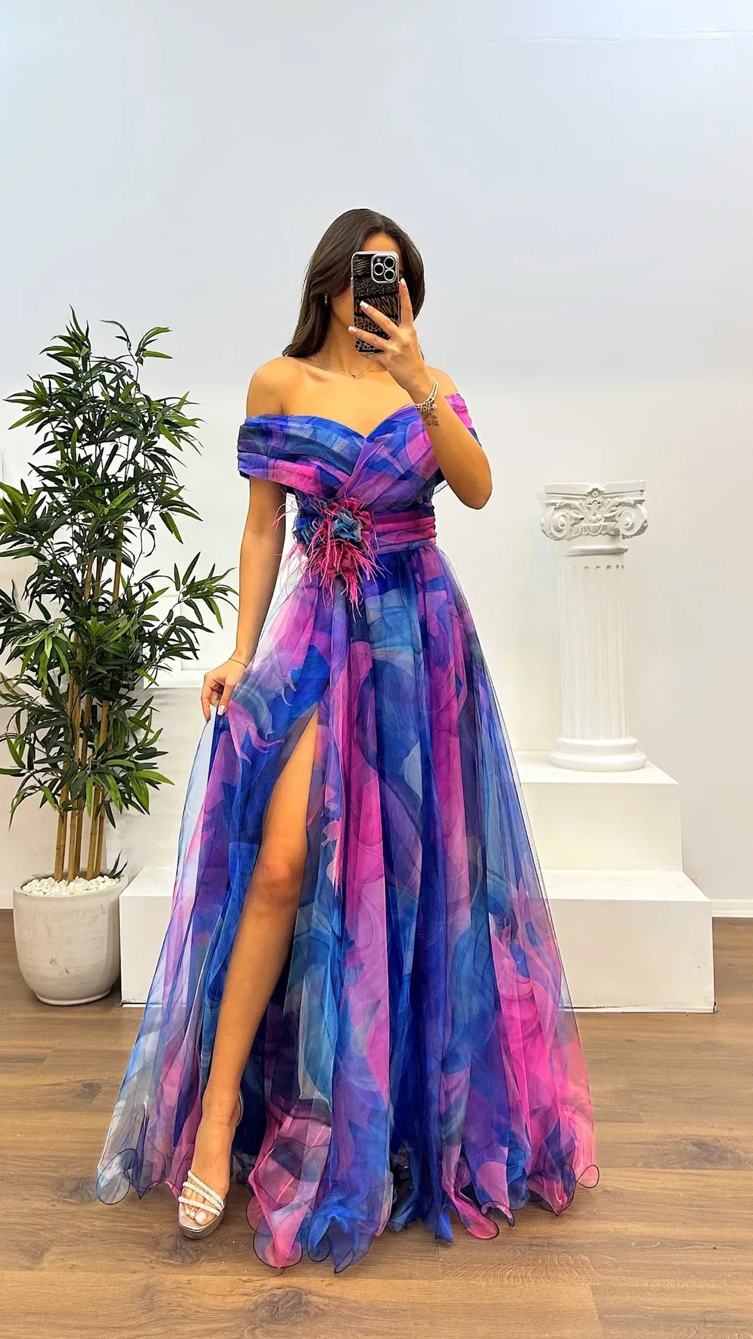 Elegant Formal Party Dress Elegant Tie-dye Ball Gown with Mesh Bubble Sleeves Split Hem Women's Evening Dress